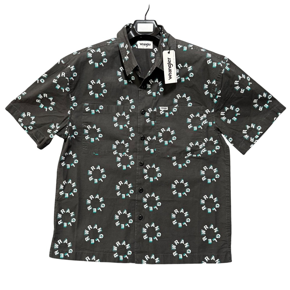 Wrangler Mens Medium Button Up Shirt Short Sleeve Mechanic Retro Print Faded - Picture 2 of 9